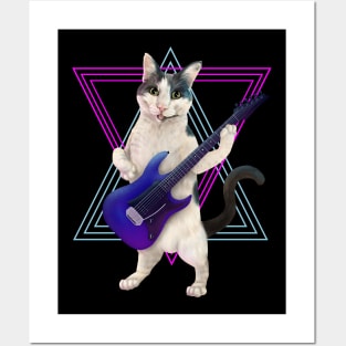 Cat playing electric guitar Posters and Art